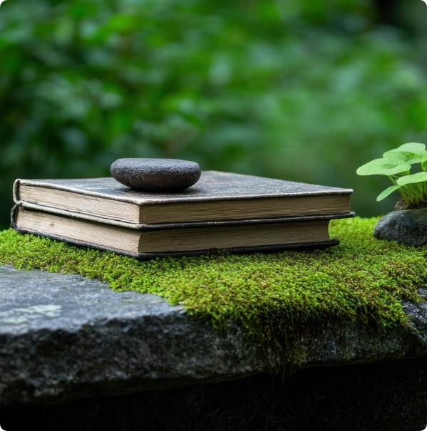 Stacked books on moss outdoors, representing educational resources on plastic pollution solutions.