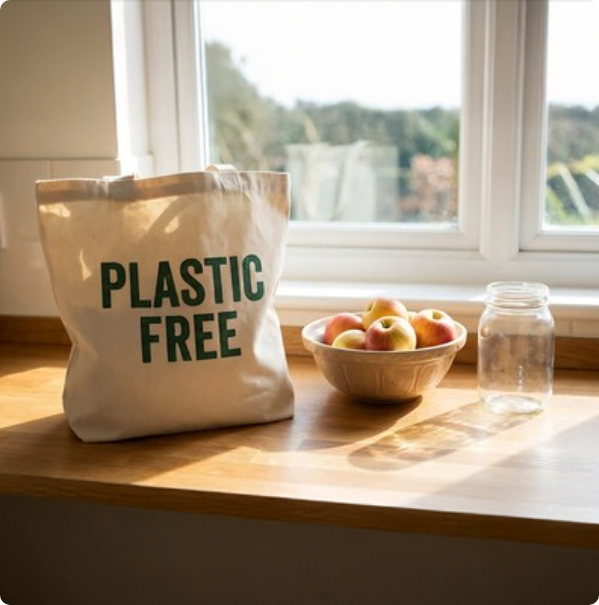 Reusable shopping bag labeled “Plastic Free” on a kitchen counter, symbolizing sustainable business practices.