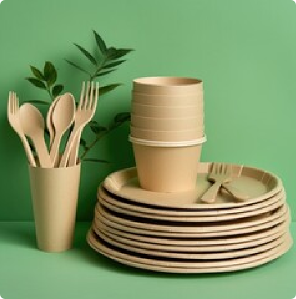 Compostable plates, cups, and wooden utensils as eco-friendly alternatives to single-use plastic.
