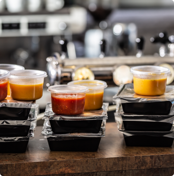 Single-use plastic takeout containers and sauce cups on a counter, highlighting plastic waste in food packaging.