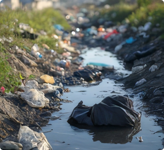 Plastic waste polluting a stream, illustrating environmental impact of plastic pollution.
